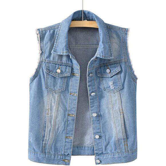 Women's Denim Vest Cotton Polyester Slim Fit Sleeveless Casual Jacket - Picture 3 of 5